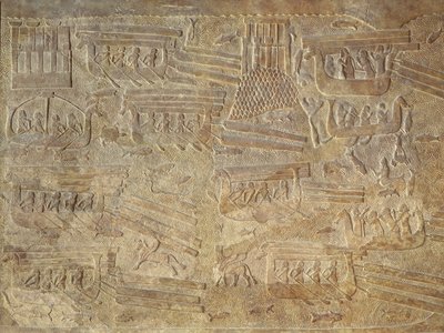 نقش يصور نقل الخشب بحرا بواسطة Assyrian